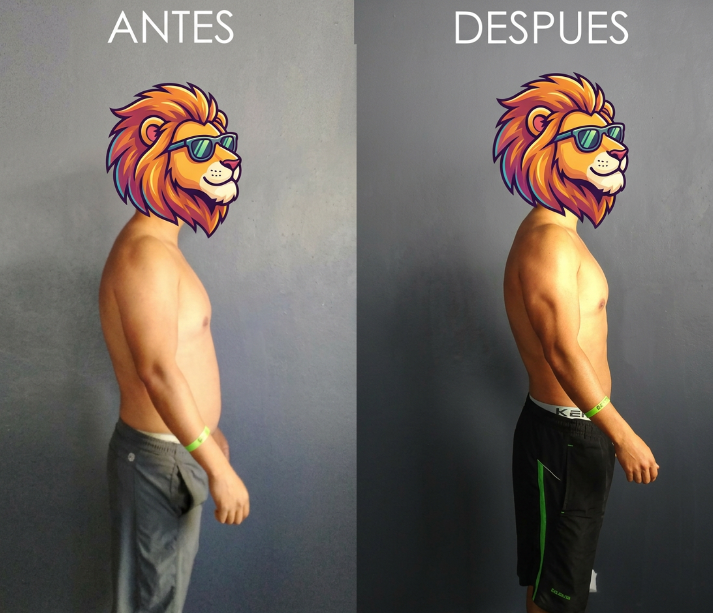 Transformacion fisica antes y despues de un cliente del Metodo 3.3.3, vista de perfil